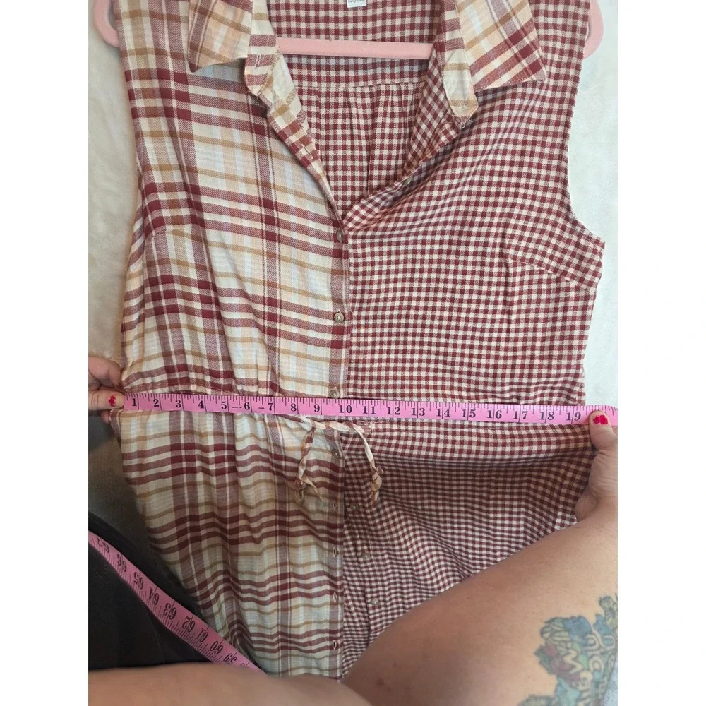 Cato Womens Large Burgundy Gingham Plaid Mixed Print Sleeveless Shirt Dress‎